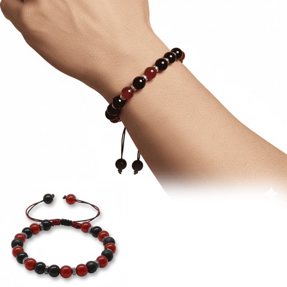 Makrome Örgülü Küre Kesim Kırmızı Siyah Akik Oniks Hematit Doğaltaş Erkek Taraftar Bileklik - 1