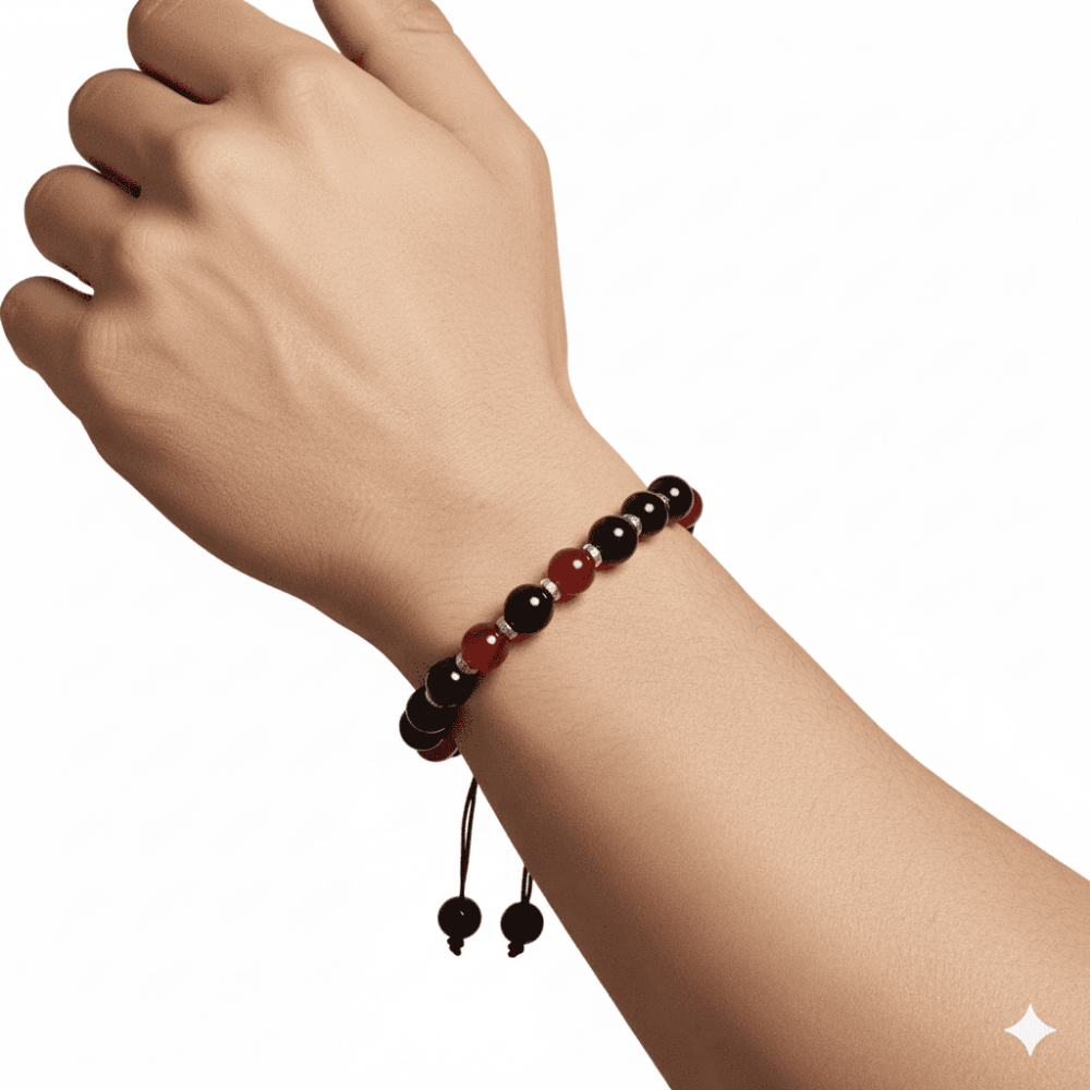 Makrome Örgülü Küre Kesim Kırmızı Siyah Akik Oniks Hematit Doğaltaş Erkek Taraftar Bileklik - 2