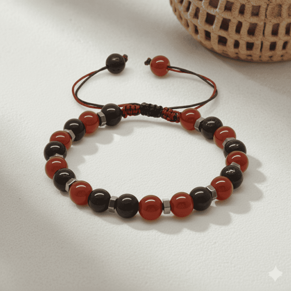 Makrome Örgülü Küre Kesim Kırmızı Siyah Akik Oniks Hematit Doğaltaş Erkek Taraftar Bileklik - 3