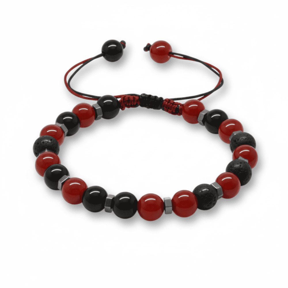 Makrome Örgülü Küre Kesim Kırmızı Siyah Akik Oniks Hematit Doğaltaş Erkek Taraftar Bileklik - 4