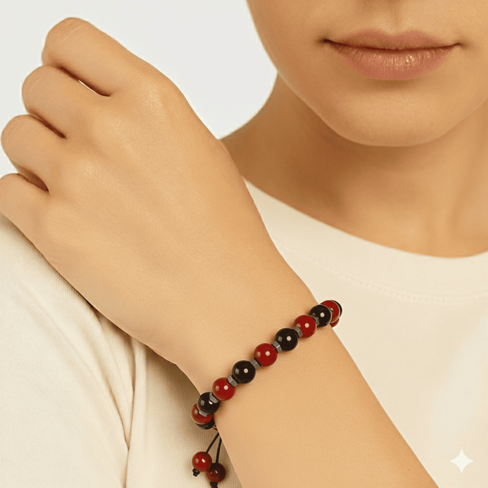 Makrome Örgülü Küre Kesim Kırmızı Siyah Akik Oniks Hematit Doğaltaş Kadın Taraftar Bileklik - 2