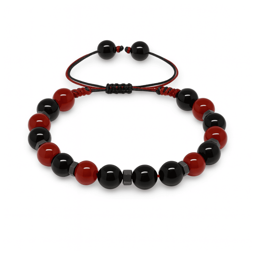 Makrome Örgülü Küre Kesim Kırmızı Siyah Akik Oniks Hematit Doğaltaş Kadın Taraftar Bileklik - 4