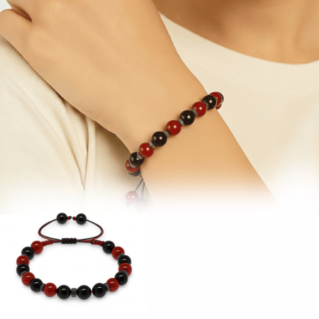 Makrome Örgülü Küre Kesim Kırmızı Siyah Akik Oniks Hematit Doğaltaş Kadın Taraftar Bileklik - Tesbihane