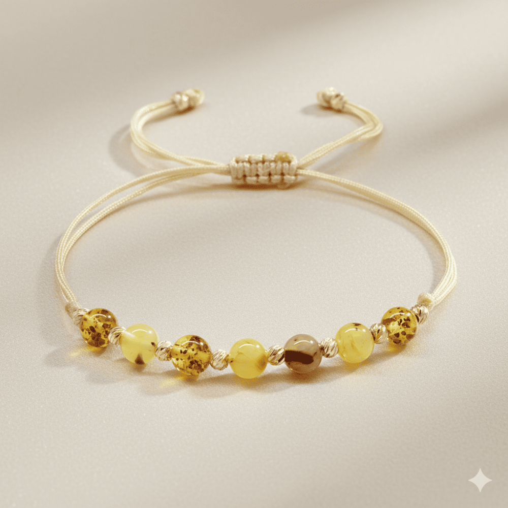 Makrome Örgülü Krem İpli Dorika Top Süslemeli Sarı Beyaz Renk Doğal Damla Kehribar Kadın Bileklik - 3