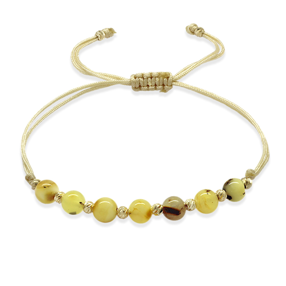 Makrome Örgülü Krem İpli Dorika Top Süslemeli Sarı Beyaz Renk Doğal Damla Kehribar Kadın Bileklik - 5