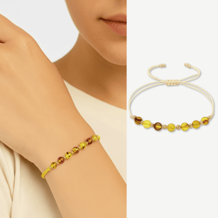 Makrome Örgülü Krem İpli Dorika Top Süslemeli Sarı Renk Doğal Damla Kehribar Kadın Bileklik - Tesbihane