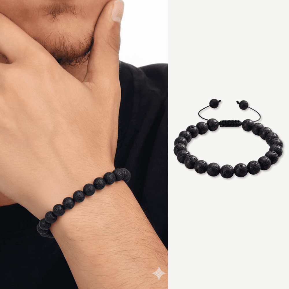 Makrome Örgülü Küre Kesim Lav Doğaltaş Erkek Bileklik - 1