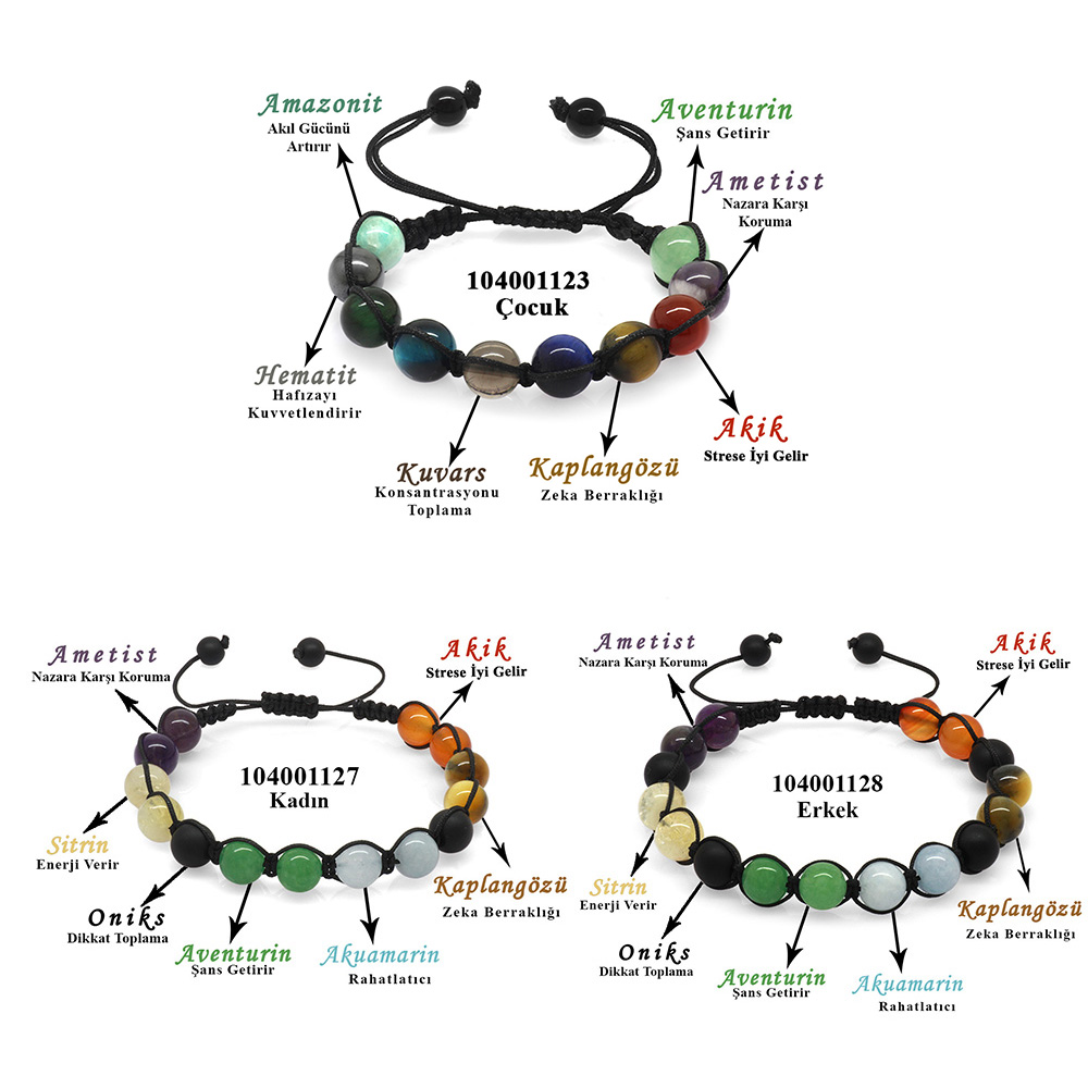 Makrome Örgülü Küre Kesim Multicolor Doğaltaş Kombinli Erkek-Kadın-Çocuk Başarı Bilekliği(3'lü Set) - 1