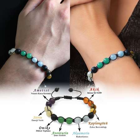 Makrome Örgülü Küre Kesim Çok Renkli Doğaltaş Kombinli Kadın Erkek Başarı Bilekliği 2 li Set - Tesbihane