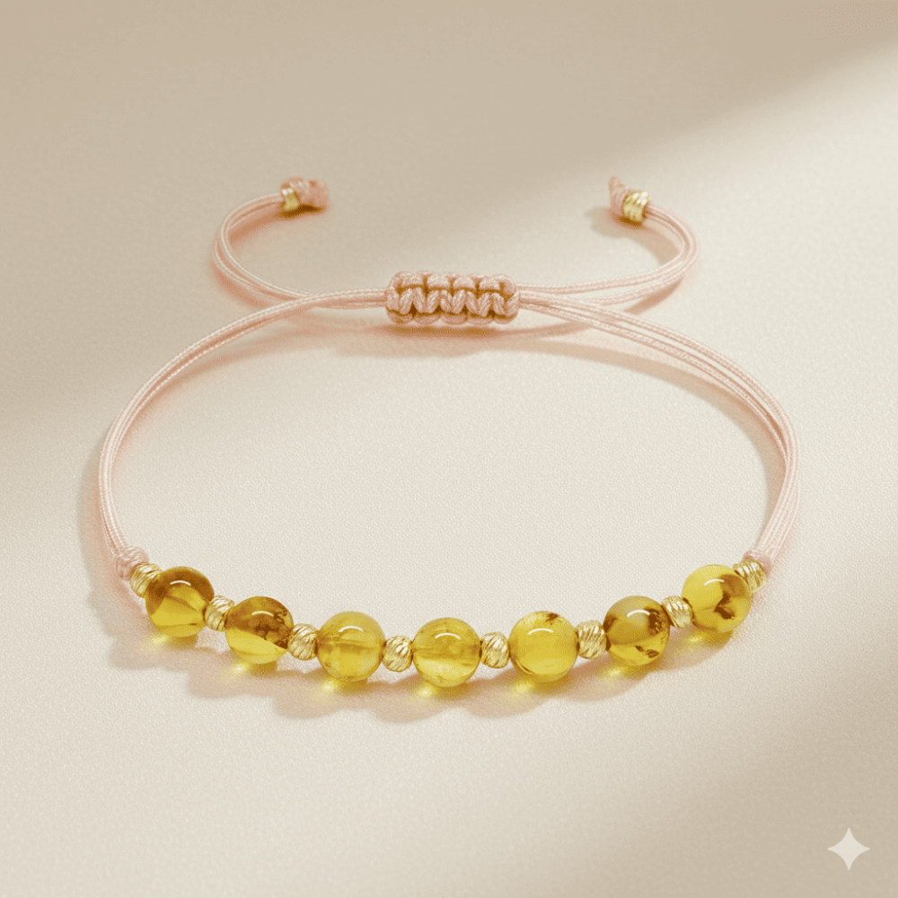 Makrome Örgülü Küre Kesim Pembe İp Dorika Top Sarı Renk Fosilli Doğal Damla Kehribar Kadın Bileklik - 3