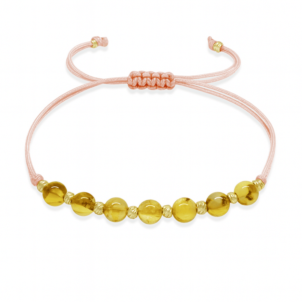 Makrome Örgülü Küre Kesim Pembe İp Dorika Top Sarı Renk Fosilli Doğal Damla Kehribar Kadın Bileklik - 4