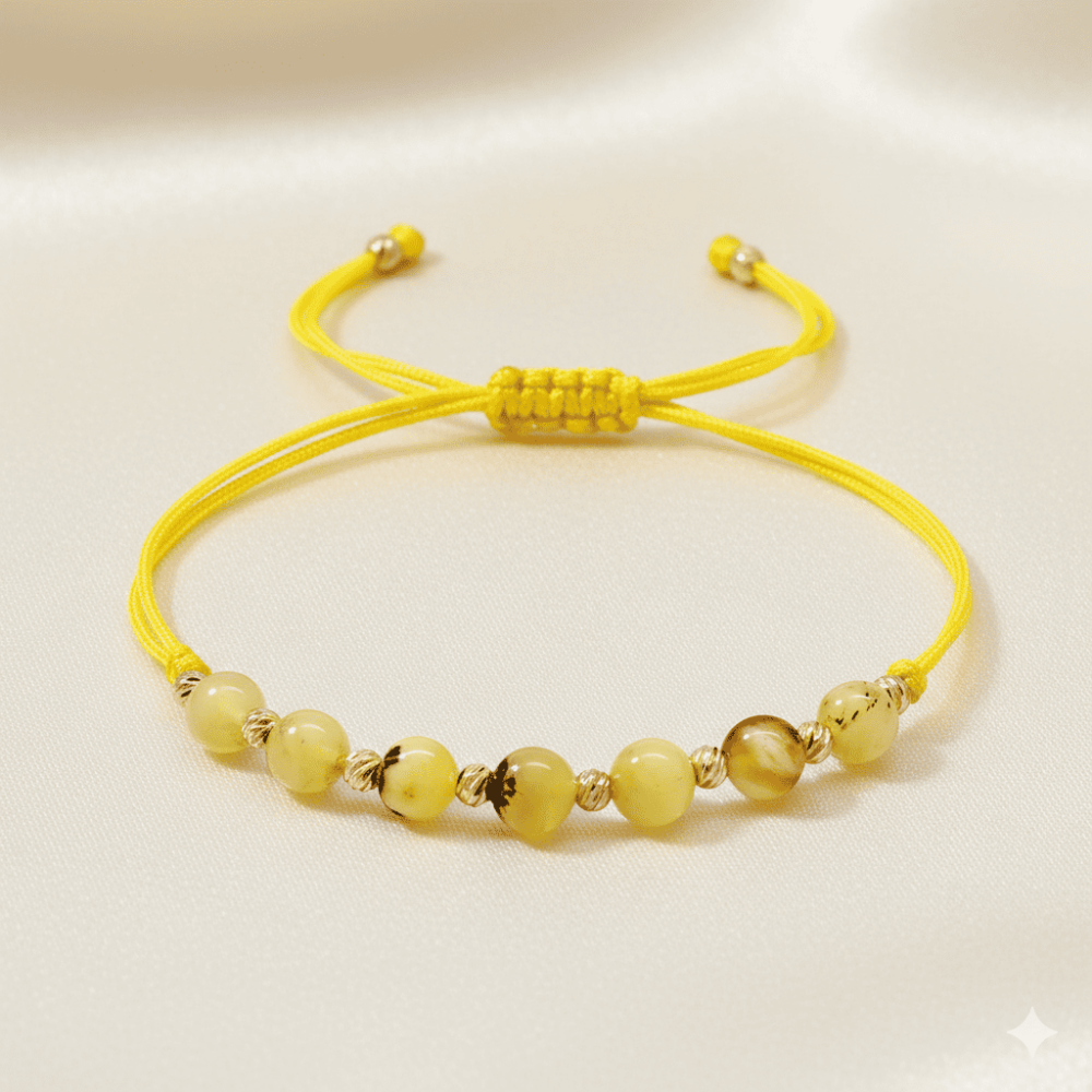 Makrome Örgülü Küre Kesim Sarı İpli Dorika Toplu Sarı Beyaz Renk Doğal Damla Kehribar Kadın Bileklik - 3