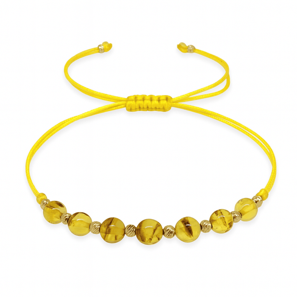 Makrome Örgülü Küre Kesim Sarı İpli Dorika Top Süsleme Sarı Renk Doğal Damla Kehribar Kadın Bileklik - 4