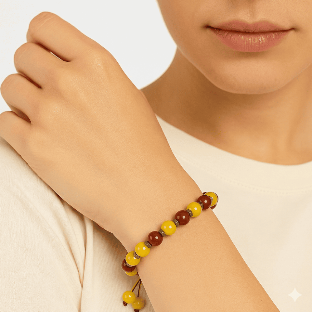 Makrome Örgülü Küre Kesim Sarı Kırmızı Jade Akik Hematit Doğaltaş Kadın Taraftar Bileklik - 2