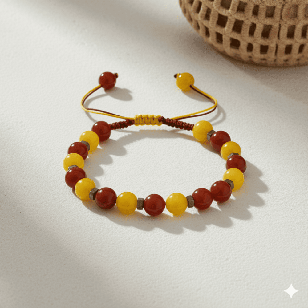 Makrome Örgülü Küre Kesim Sarı Kırmızı Jade Akik Hematit Doğaltaş Kadın Taraftar Bileklik - 3