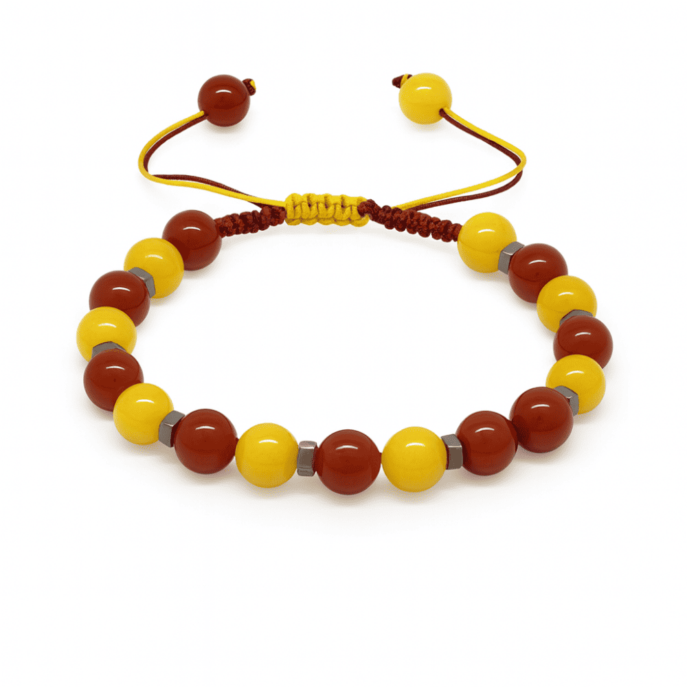 Makrome Örgülü Küre Kesim Sarı Kırmızı Jade Akik Hematit Doğaltaş Kadın Taraftar Bileklik - 4