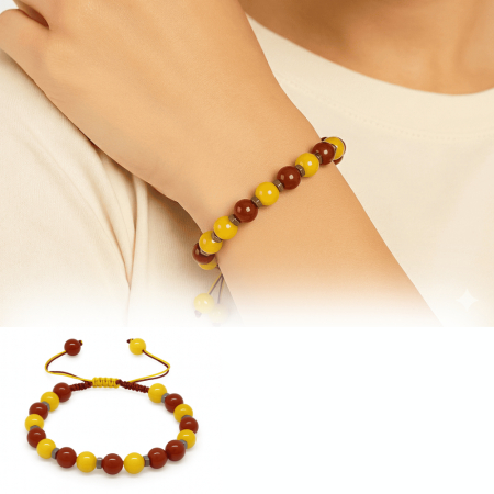 Makrome Örgülü Küre Kesim Sarı Kırmızı Jade Akik Hematit Doğaltaş Kadın Taraftar Bileklik - Tesbihane