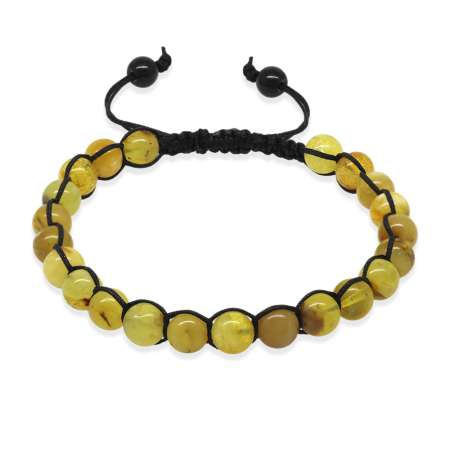 Makrome Örgülü Küre Kesim Sarı-Krem Rengi Doğal Damla Kehribar Erkek Bileklik - Tesbihane