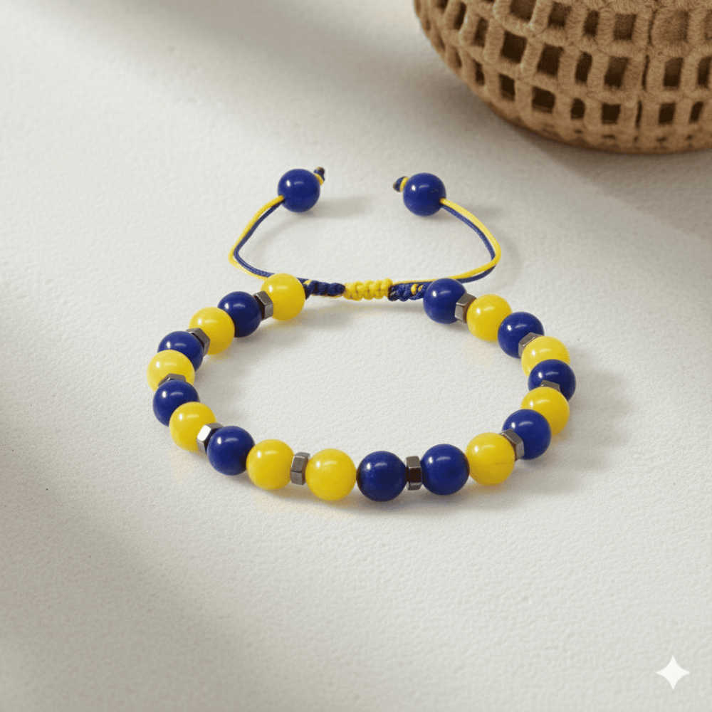 Makrome Örgülü Küre Kesim Sarı Lacivert Jade Hematit Doğaltaş Erkek Taraftar Bileklik - 3