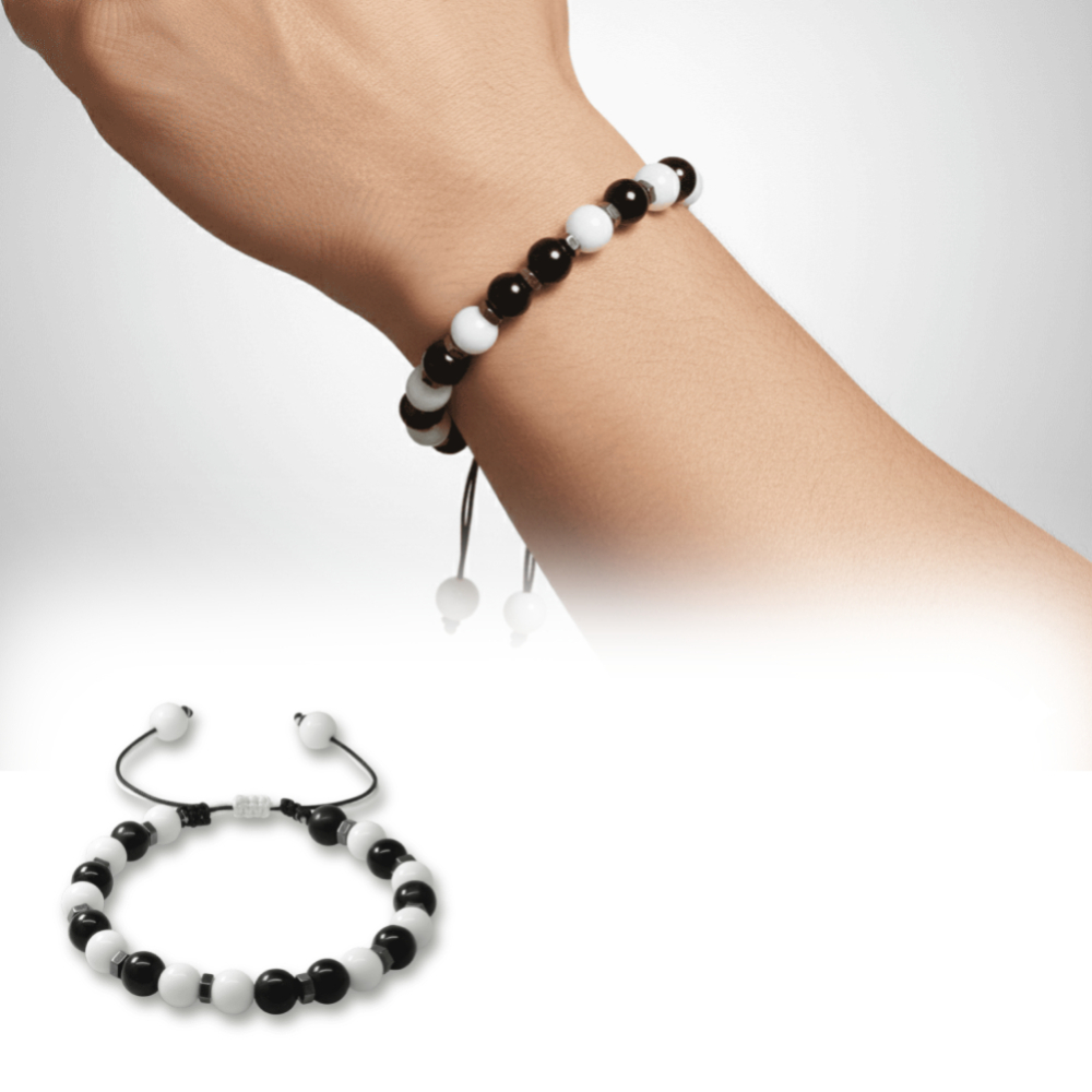 Makrome Örgülü Küre Kesim Siyah Beyaz Jade Oniks Hematit Doğaltaş Erkek Taraftar Bileklik - 1