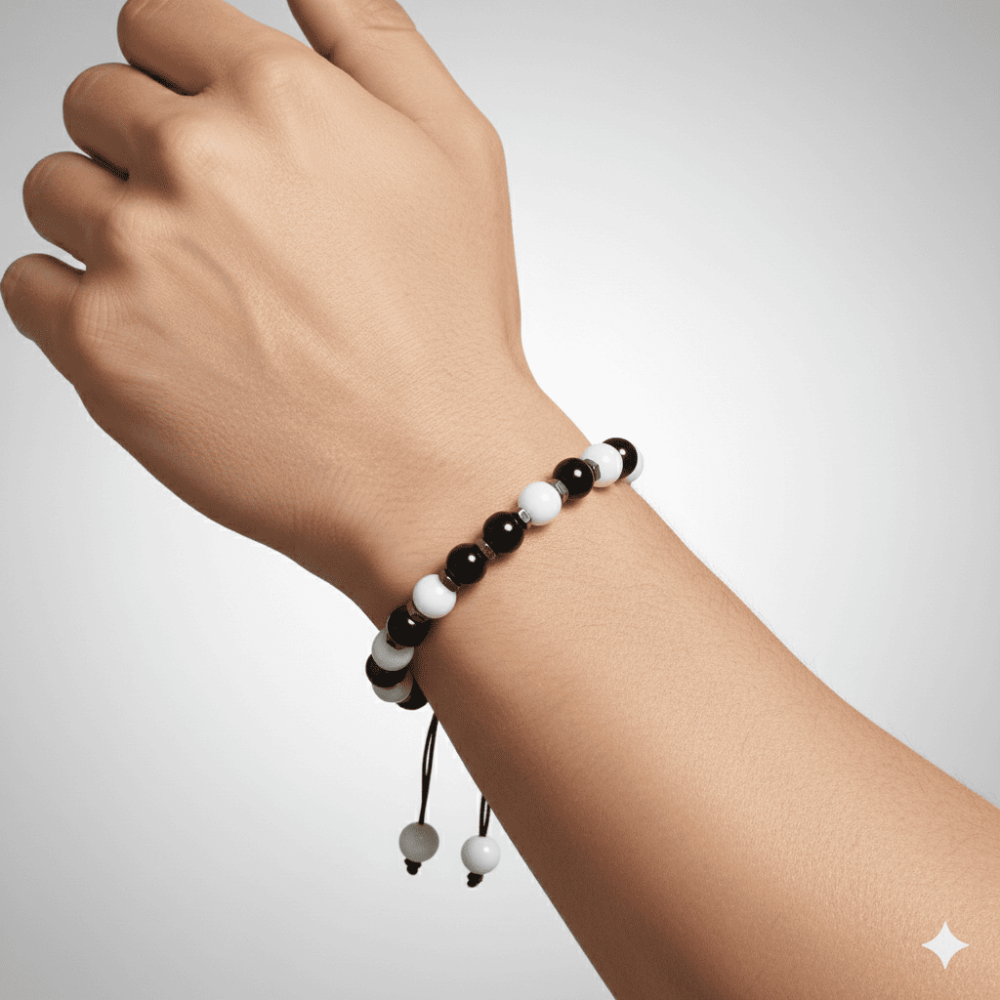 Makrome Örgülü Küre Kesim Siyah Beyaz Jade Oniks Hematit Doğaltaş Erkek Taraftar Bileklik - 2