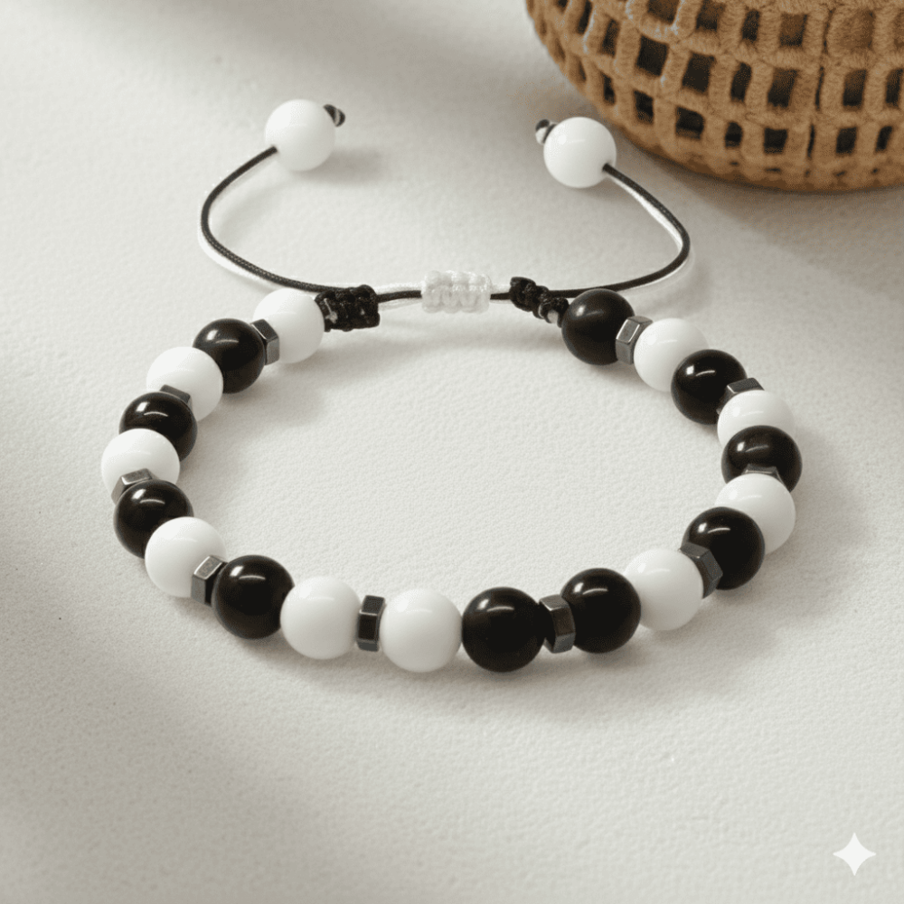 Makrome Örgülü Küre Kesim Siyah Beyaz Jade Oniks Hematit Doğaltaş Erkek Taraftar Bileklik - 3