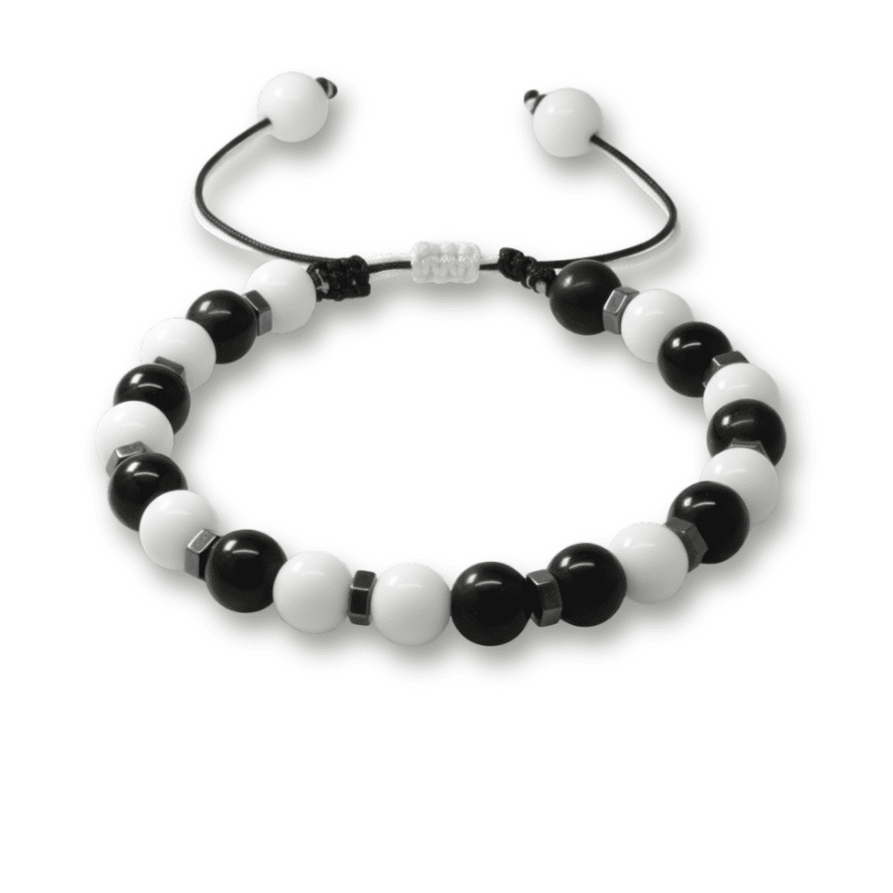 Makrome Örgülü Küre Kesim Siyah Beyaz Jade Oniks Hematit Doğaltaş Erkek Taraftar Bileklik - 4