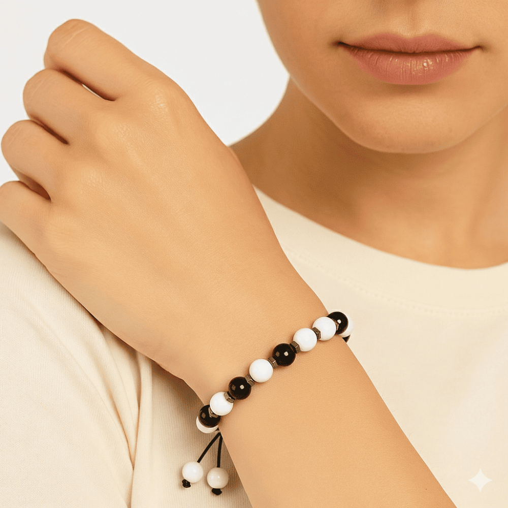 Makrome Örgülü Küre Kesim Siyah Beyaz Jade Oniks Hematit Doğaltaş Kadın Taraftar Bileklik - 2