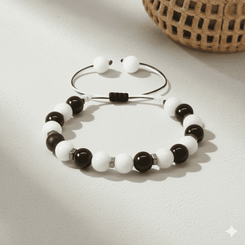 Makrome Örgülü Küre Kesim Siyah Beyaz Jade Oniks Hematit Doğaltaş Kadın Taraftar Bileklik - 3
