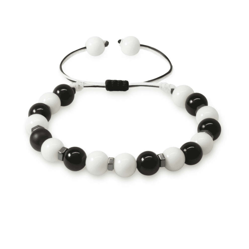 Makrome Örgülü Küre Kesim Siyah Beyaz Jade Oniks Hematit Doğaltaş Kadın Taraftar Bileklik - 4