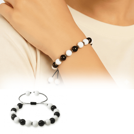 Makrome Örgülü Küre Kesim Siyah Beyaz Jade Oniks Hematit Doğaltaş Kadın Taraftar Bileklik - Tesbihane