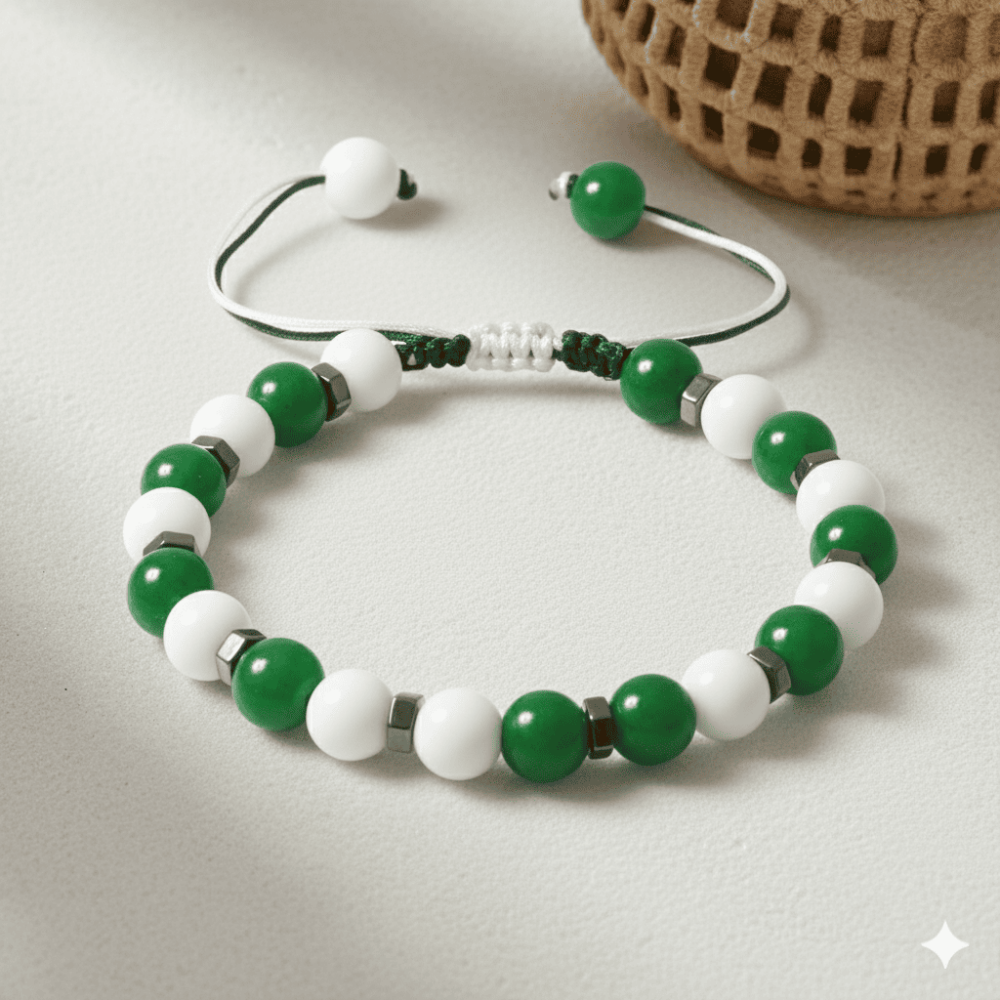 Makrome Örgülü Küre Kesim Yeşil Beyaz Jade Hematit Doğaltaş Erkek Taraftar Bileklik - 3