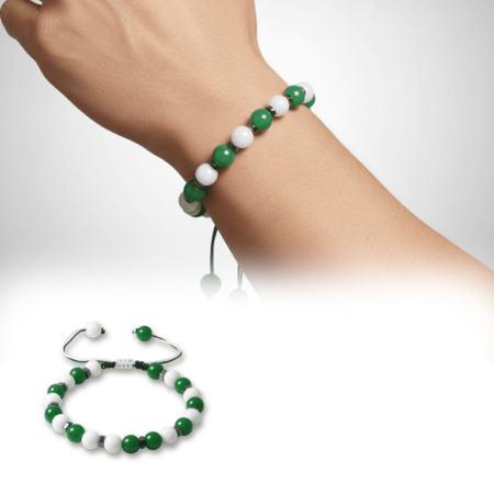 Makrome Örgülü Küre Kesim Yeşil Beyaz Jade Hematit Doğaltaş Erkek Taraftar Bileklik - Tesbihane