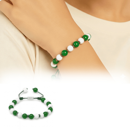 Makrome Örgülü Küre Kesim Yeşil Beyaz Jade Hematit Doğaltaş Kadın Taraftar Bileklik - Tesbihane