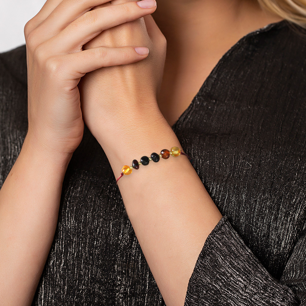 Makrome Örgülü Dorika Detaylı Çok Renkli Natural Form Doğal Damla Kehribar Kadın Bileklik - 7