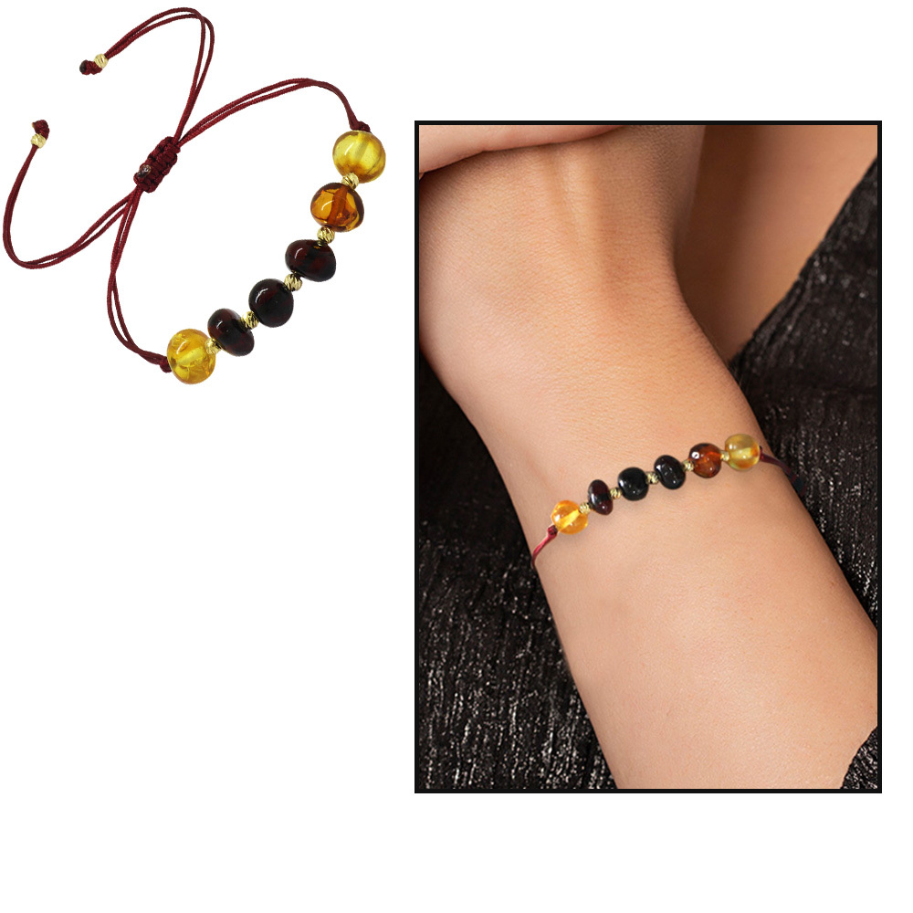 Makrome Örgülü Dorika Detaylı Çok Renkli Natural Form Doğal Damla Kehribar Kadın Bileklik - 5