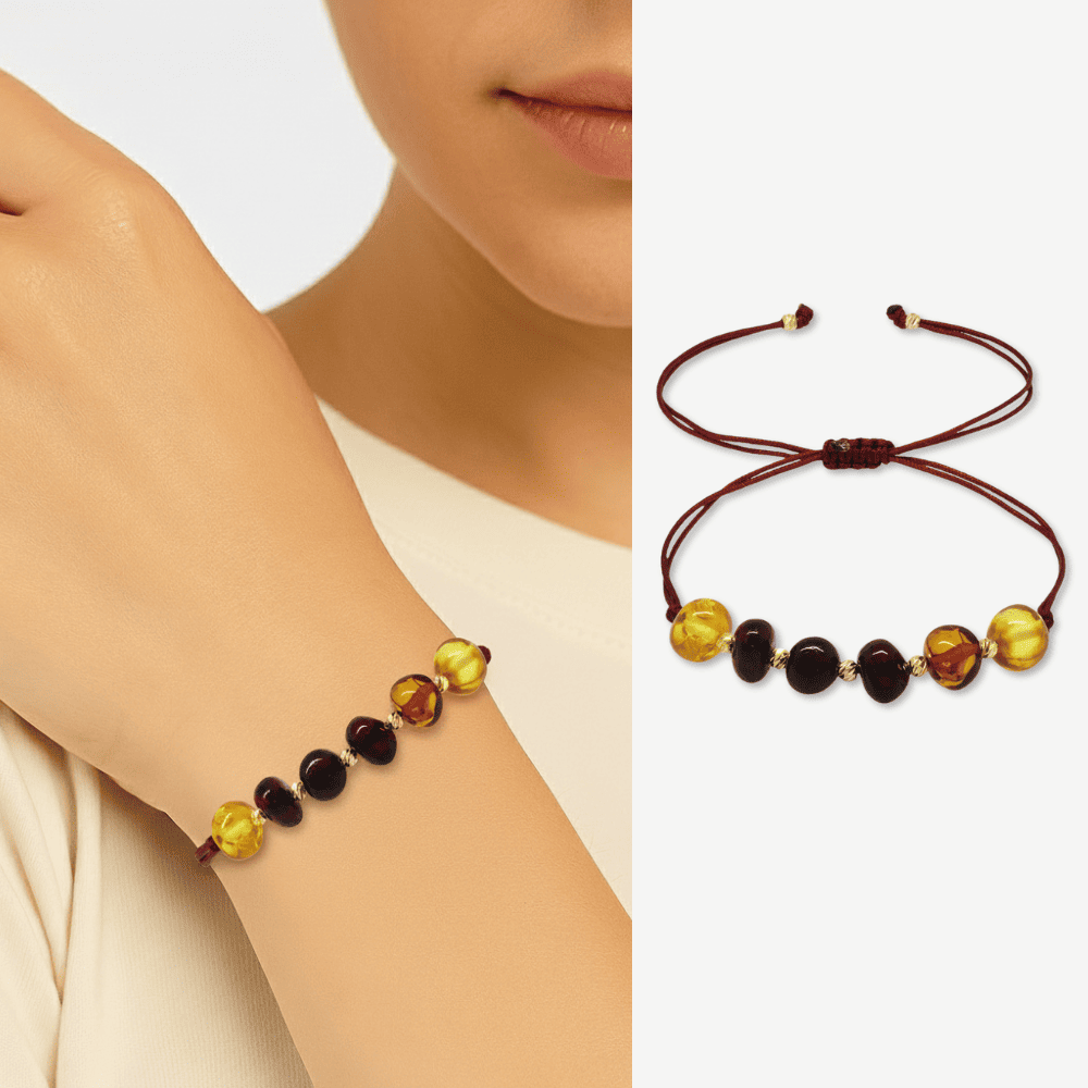 Makrome Örgülü Dorika Detaylı Çok Renkli Natural Form Doğal Damla Kehribar Kadın Bileklik - 1