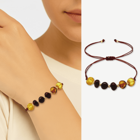 Makrome Örgülü Dorika Detaylı Çok Renkli Natural Form Doğal Damla Kehribar Kadın Bileklik - Tesbihane