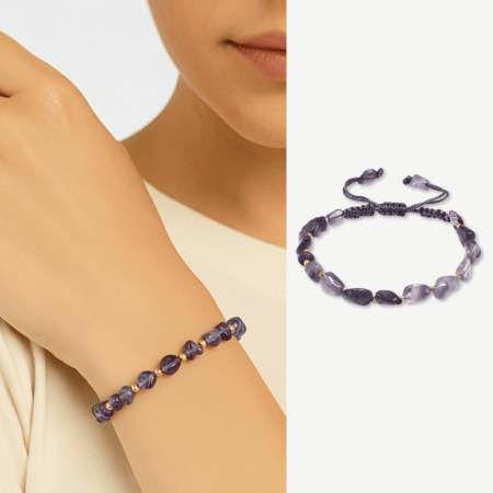 Makrome Örgülü Naturel Kesim Ametist Doğaltaş Kadın Bileklik - Tesbihane