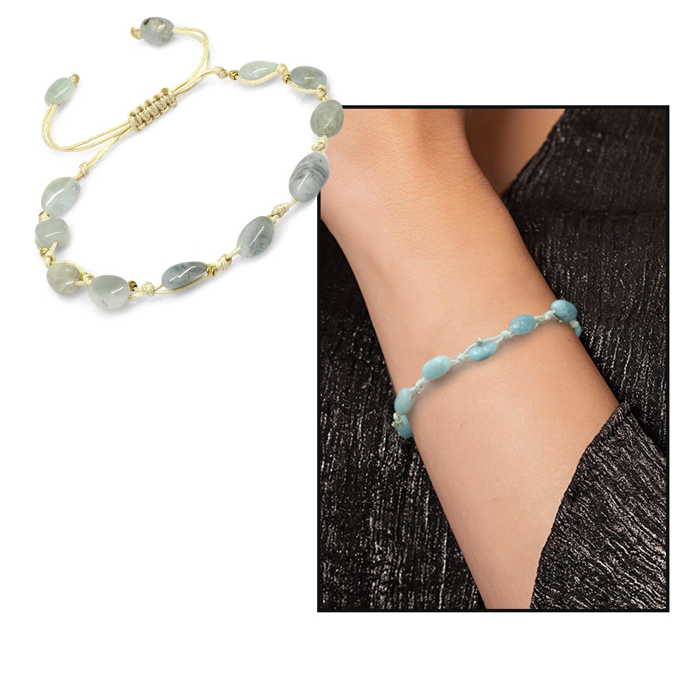 Makrome Örgülü Naturel Kesim Akuamarin Doğaltaş Kadın Bileklik - 2