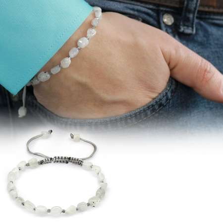 Makrome Örgülü Naturel Kesim Ay Taşı Doğaltaş Erkek Bileklik - Tesbihane