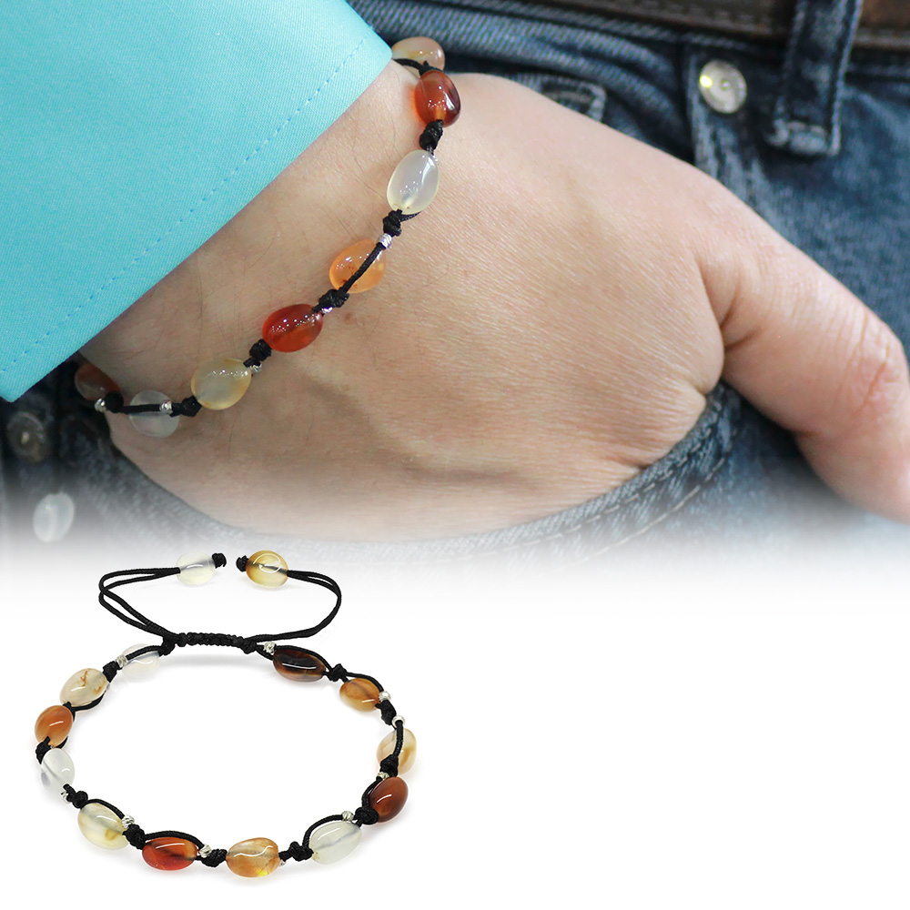 Makrome Örgülü Naturel Kesim Dorika Top Detaylı Akik Doğaltaş Erkek Bileklik - 1