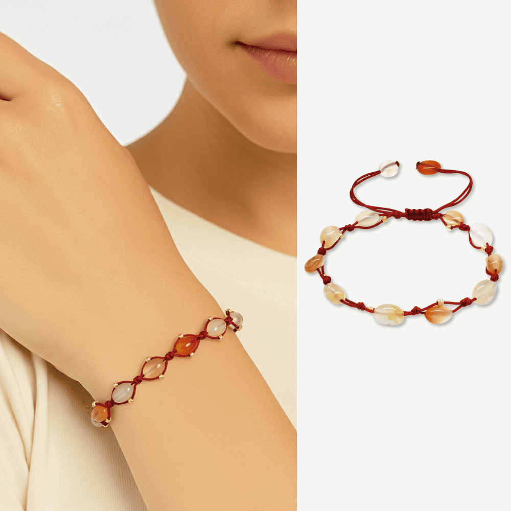 Makrome Örgülü Naturel Kesim Dorika Top Detaylı Akik Doğaltaş Kadın Bileklik - 1