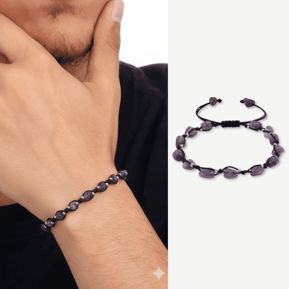 Makrome Örgülü Naturel Kesim Dorika Top Detaylı Ametist Doğaltaş Erkek Bileklik - 1