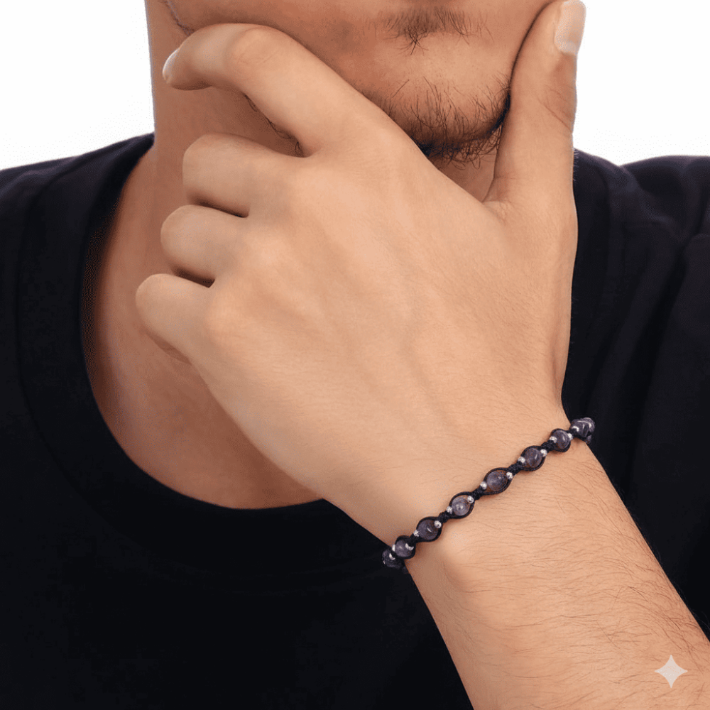 Makrome Örgülü Naturel Kesim Dorika Top Detaylı Ametist Doğaltaş Erkek Bileklik - 2