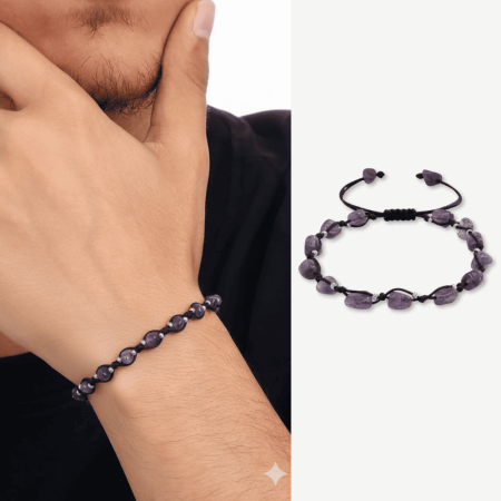 Makrome Örgülü Naturel Kesim Dorika Top Detaylı Ametist Doğaltaş Erkek Bileklik - Tesbihane