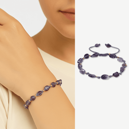 Makrome Örgülü Naturel Kesim Dorika Top Detaylı Ametist Doğaltaş Kadın Bileklik - Tesbihane