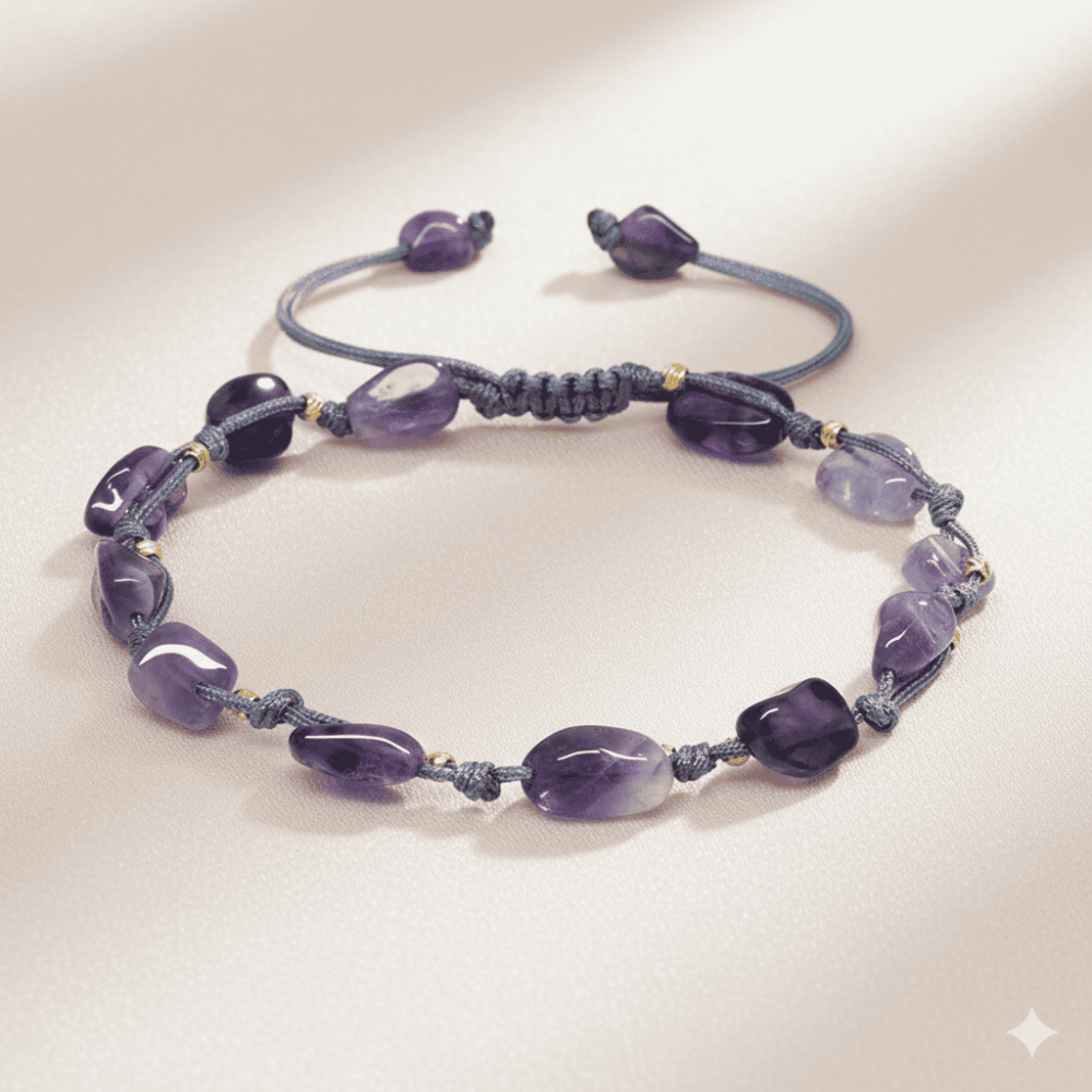 Makrome Örgülü Naturel Kesim Dorika Top Detaylı Ametist Doğaltaş Kadın Bileklik - 3