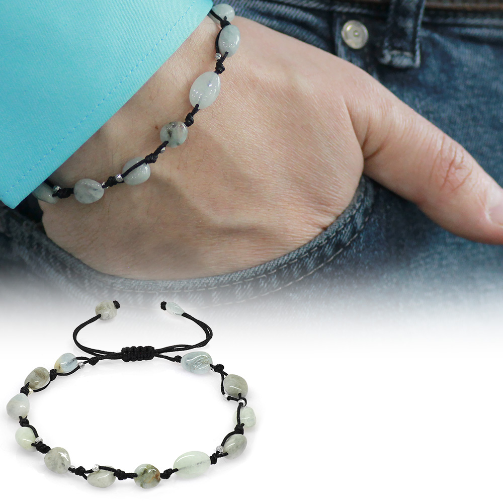 Makrome Örgülü Naturel Kesim Dorika Top Detaylı Akuamarin Doğaltaş Erkek Bileklik - 1