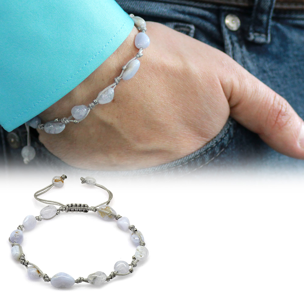 Makrome Örgülü Naturel Kesim Dorika Top Detaylı Kalsedon Doğaltaş Erkek Bileklik - 1